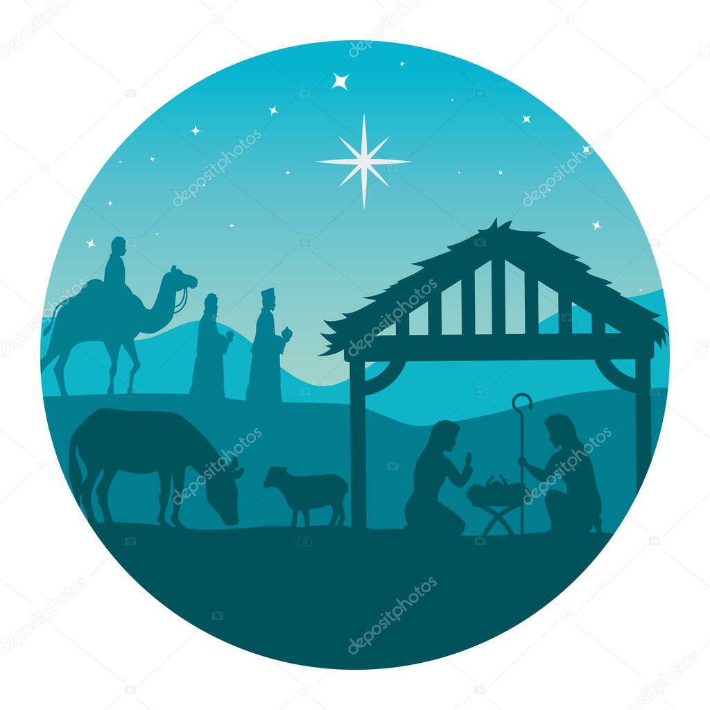 merry christmas nativity mary joseph and three wise men in circle vector design