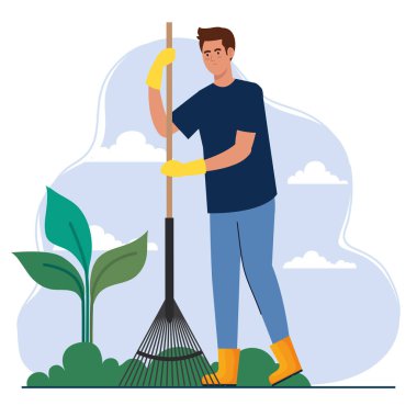 Tırmık ve bitki vektör tasarımlı bahçıvan.