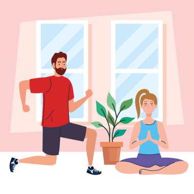 Kadın ve erkek evde yoga ve egzersiz yapıyor.