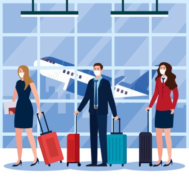 Havaalanı vektör tasarımında maskeli ve çantalı yeni kadın erkek ve hostes.