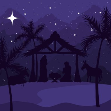 Doğum Meryem Joseph bebek ve eşekler mor arka plan vektör tasarımında