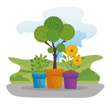 Bahçe bitkisi ve çiçek saksı vektör tasarımında yapraklar