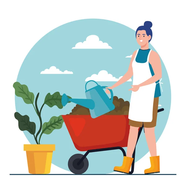 Mulher jardinando com molhar pode planta e projeto do vetor do carrinho de mão — Vetor de Stock