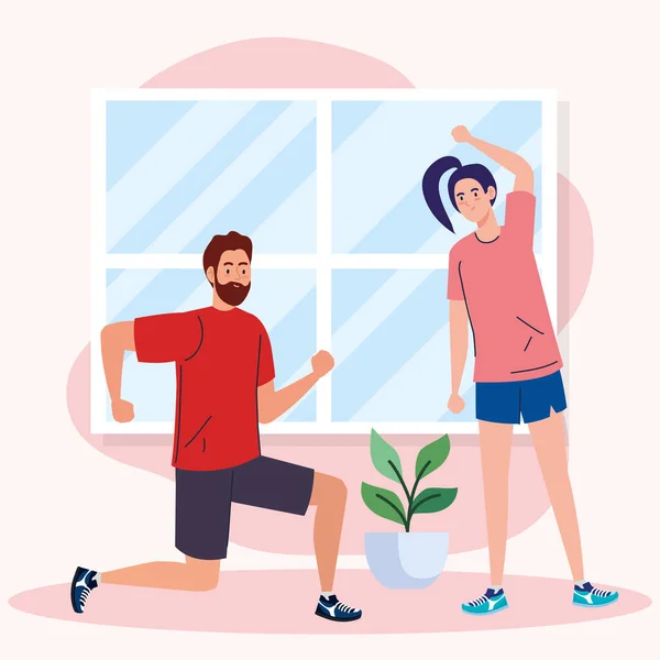 Kvinna och man stretcha och göra motion hemma vektor design — Stock vektor