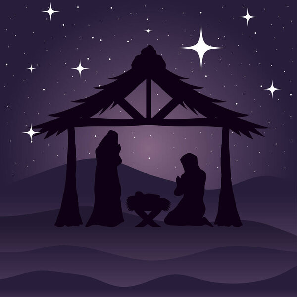 nativity mary joseph and baby on purple background vector design