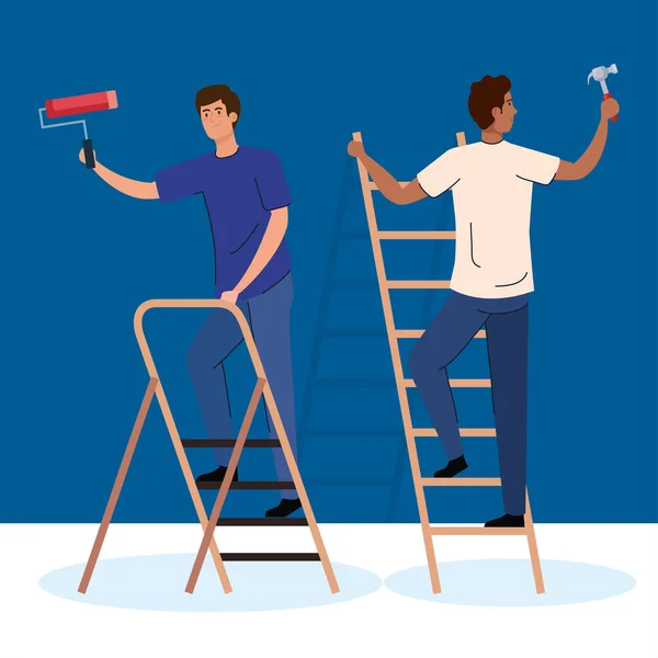 Hombres con construcción martillo pintura rollo y escalera vector diseño — Archivo Imágenes Vectoriales