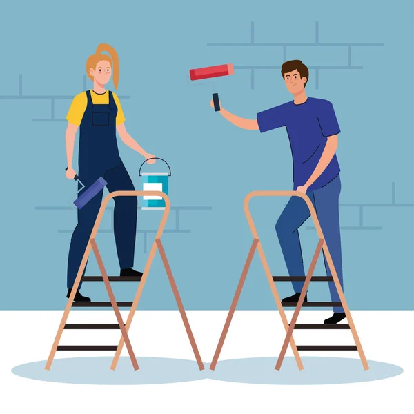 Woman and man cartoons painting with roll bucket and ladder vector design — Stock Vector