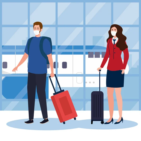 New normal of man and stewardess with mask and bags at airport ector design — Stock Vector