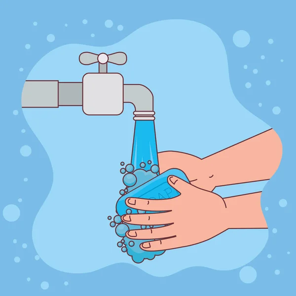 Lavage des mains avec robinet d'eau et conception vectorielle de savon bar — Image vectorielle