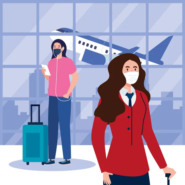 Nouveau normal de la femme et hôtesse avec masque et sacs à la conception de vecteur de l'aéroport — Image vectorielle