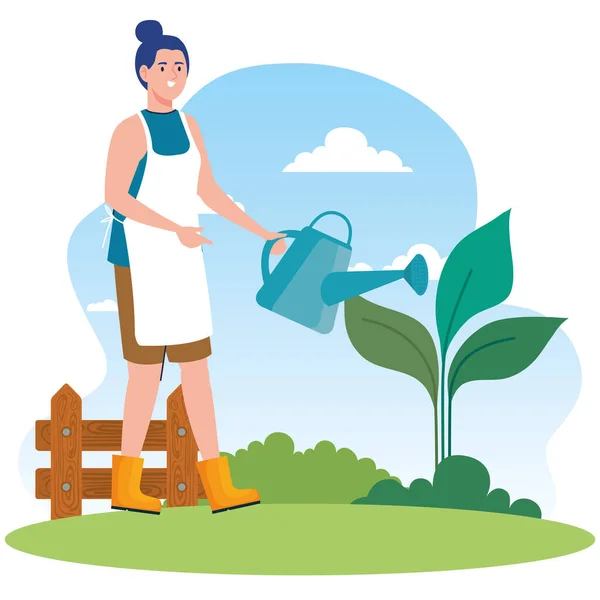 Femme de jardinage avec arrosoir et conception vectorielle végétale — Image vectorielle