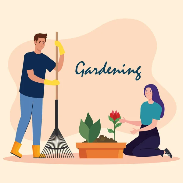 Jardinagem homem e mulher com ancinho e rosa design vetor flor — Vetor de Stock