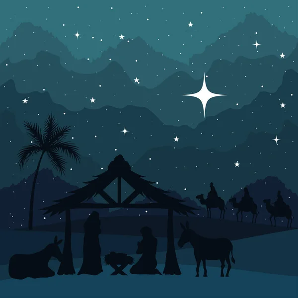 Kerststal Mary Josef baby en wijze mannen op groene achtergrond vector ontwerp — Stockvector