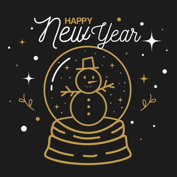 Feliz año nuevo con muñeco de nieve en el diseño de vectores esfera — Vector de stock