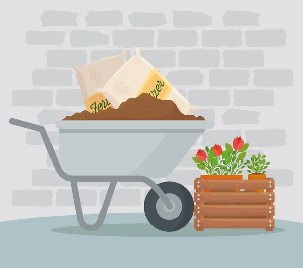 Gardening wheelbarrow fertilizer bags and flowers vector design — Stock Vector