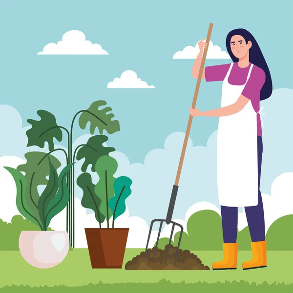 Mulher de jardinagem com ancinho e plantas vasos design vetorial — Vetor de Stock