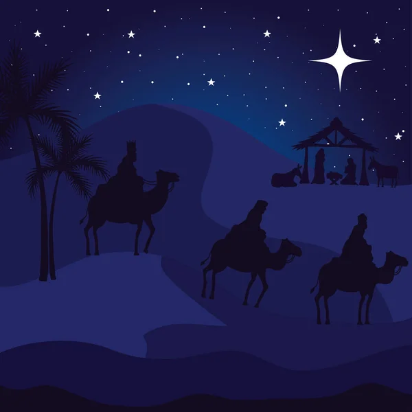 Nativity mary joseph baby and wise men on blue background vector design — Stock Vector