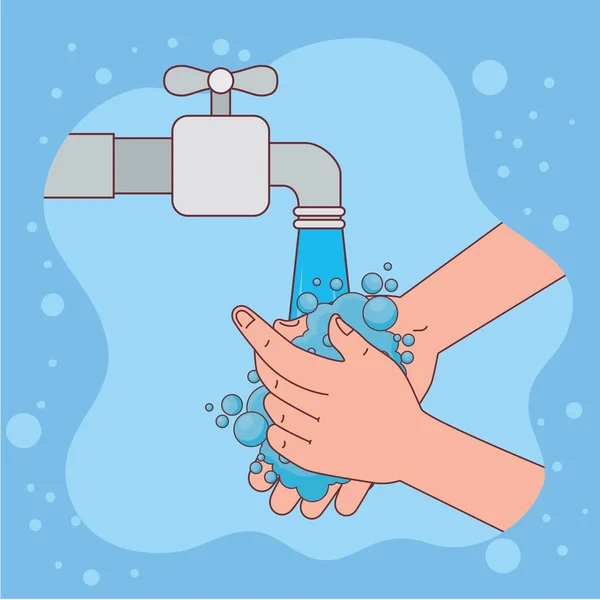 Lavage des mains avec robinet d'eau et conception vectorielle bulles — Image vectorielle