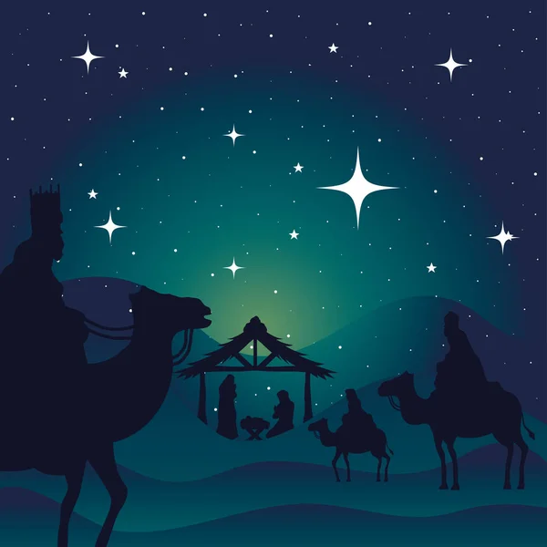 Nativity Mary Joseph μωρό και οι σοφοί άνδρες σε πράσινο φόντο διάνυσμα σχεδιασμό — Διανυσματικό Αρχείο
