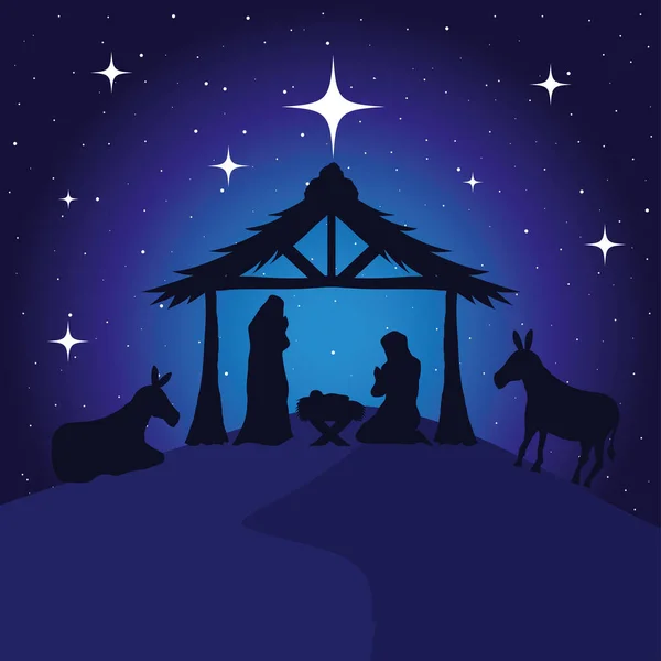 Nativity mary Joseph και το μωρό σε μπλε φόντο διανυσματικό σχεδιασμό — Διανυσματικό Αρχείο