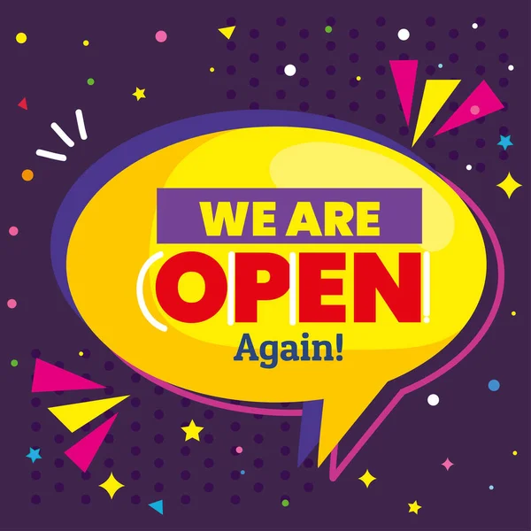 Banner with we are open again in speech bubble — Stock Vector