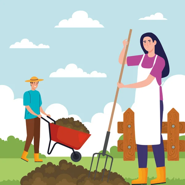 Садівництво чоловік і жінка з граблями та тачками Векторний дизайн — стоковий вектор