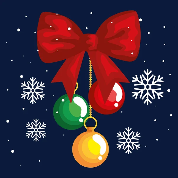 Fita de arco de natal com bolas penduradas e flocos de neve, banner de ano novo e alegre celebração de Natal — Vetor de Stock
