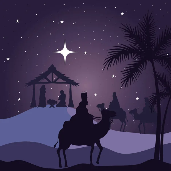 Nativity mary Joseph μωρό και οι σοφοί άνδρες σε μωβ φόντο διάνυσμα σχεδιασμό — Διανυσματικό Αρχείο