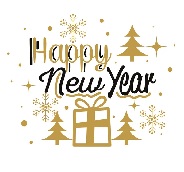 Šťastný nový rok s dárkem a borovice vektorový design — Stockový vektor