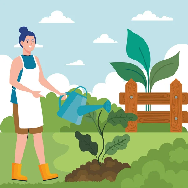 Mujer jardinera con regadera y diseño de vectores de plantas — Vector de stock