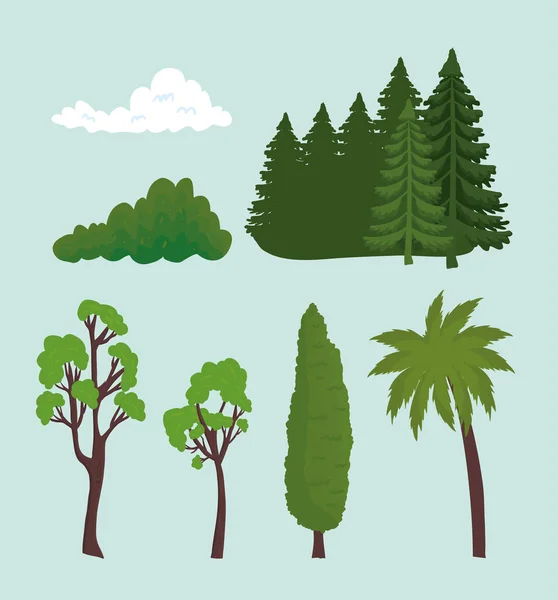 Ağaçlar palmiye bulutu ve çalı taşıyıcı tasarımı — Stok Vektör