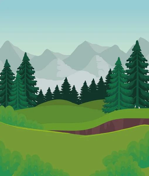 Paisaje de pinos en frente de las montañas diseño de vectores — Vector de stock