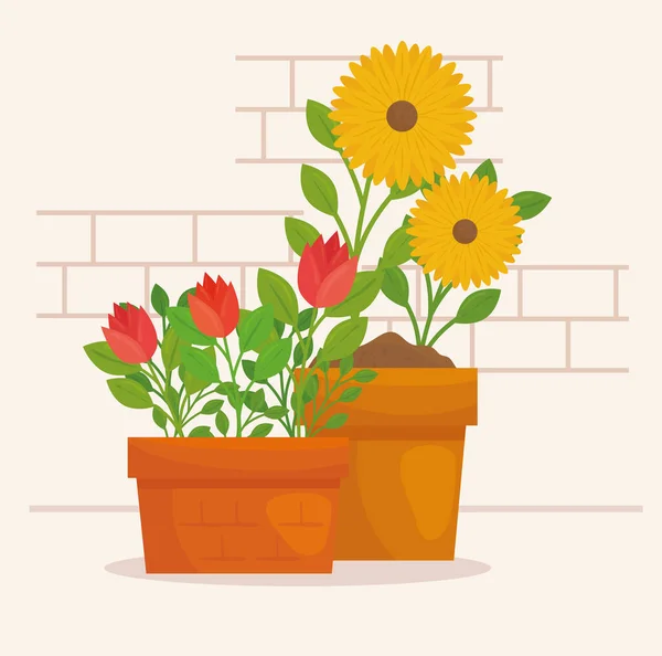 Flores de jardinagem com folhas em vasos design vetorial —  Vetores de Stock