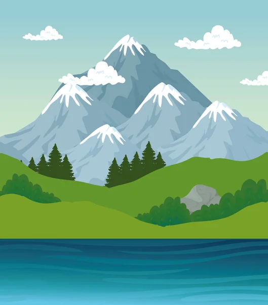 Paisaje de montañas pinos y diseño de vectores fluviales — Vector de stock