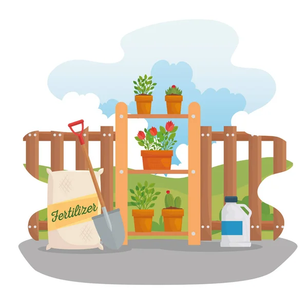 肥料袋のシャベルと植物ベクトルのデザイン — ストックベクタ