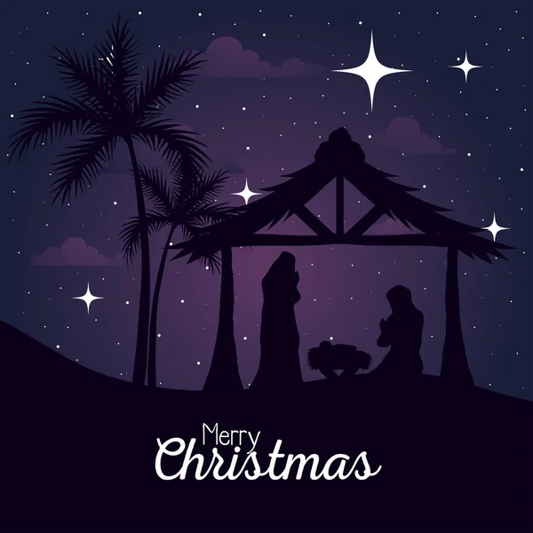 Joyeux noël et la nativité Mary Joseph et bébé en cabane sur fond violet vecteur design — Image vectorielle