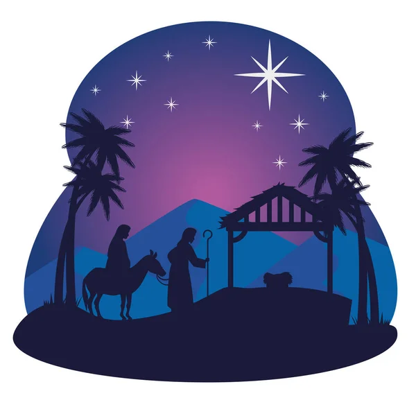 Joyeux noël nativité Mary Joseph bébé et hutte vecteur design — Image vectorielle