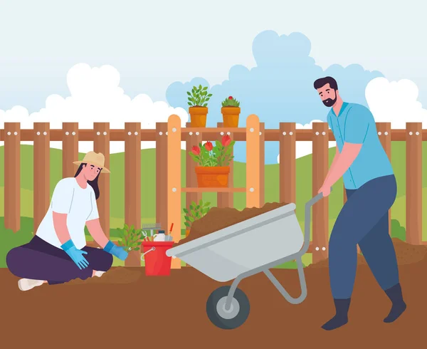 Tuinieren man en vrouw met kruiwagen en planten vector ontwerp — Stockvector