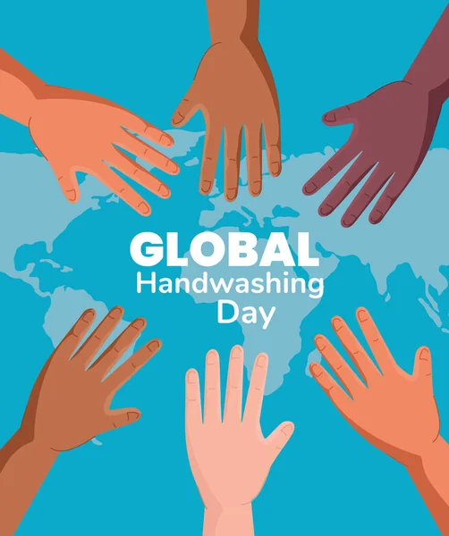 Global handswashing día y manos con el diseño de vectores mapa del mundo — Archivo Imágenes Vectoriales