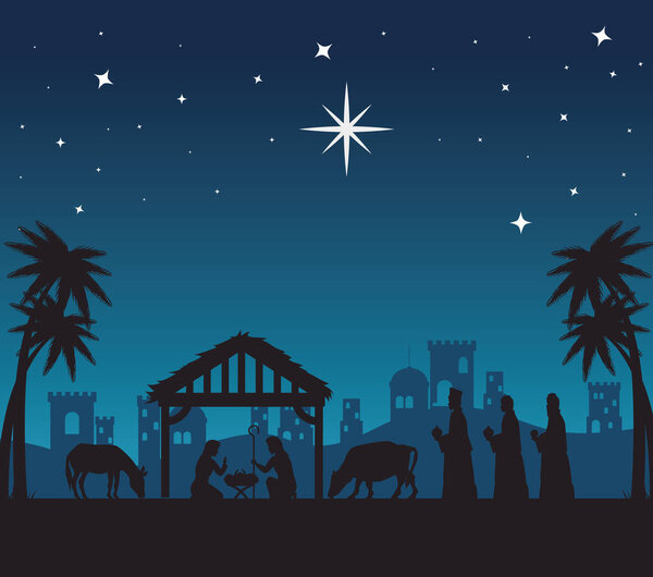 merry christmas nativity mary joseph and three wise men at night vector design