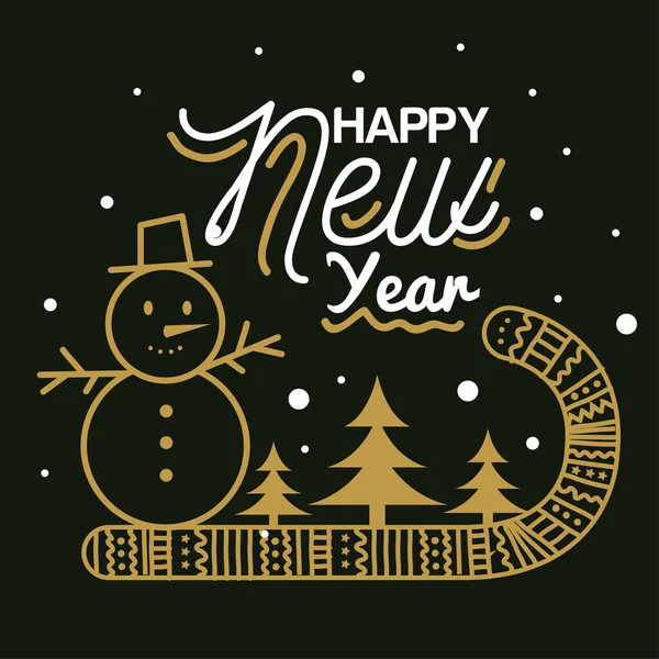 Ευτυχισμένο το νέο έτος 2021 με χιονάνθρωπο καραμέλα και πεύκα vector design — Διανυσματικό Αρχείο