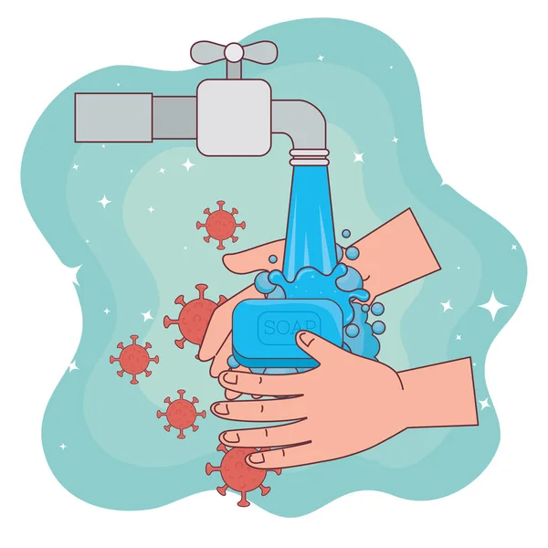 Virus covid 19 sul lavaggio delle mani e progettazione vettoriale rubinetto dell'acqua — Vettoriale Stock