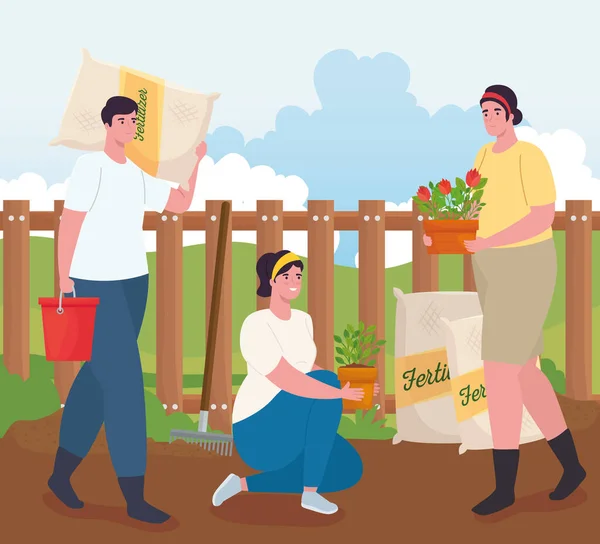 Giardinaggio donne e uomo con fertilizzanti borse piante e secchio vettoriale design — Vettoriale Stock