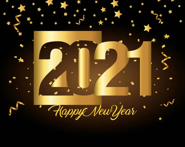 2021 Gelukkig nieuwjaar met gouden sterren en confettivector design — Stockvector