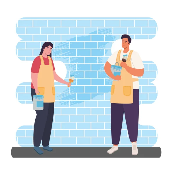 Mujer y hombre pintura pared vector diseño — Archivo Imágenes Vectoriales