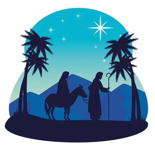 Merry christmas nativity mary on donkey joseph and palm trees vector design — Stock Vector