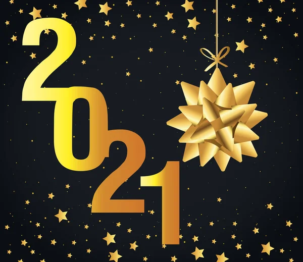 2021 Bonne année avec pendaison d'arc cadeau en or et design vectoriel étoiles — Image vectorielle
