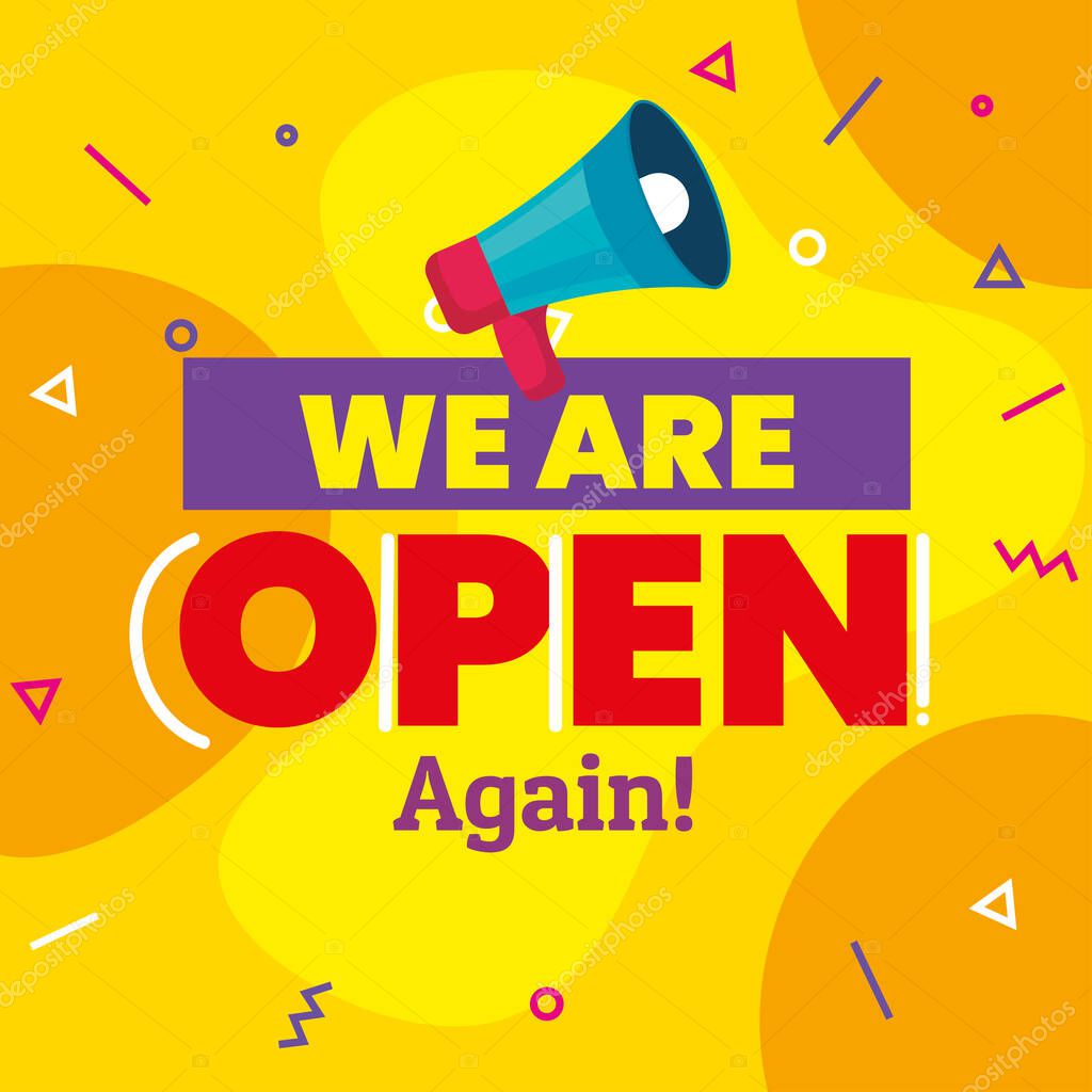 Banner, lettering we are open again with megaphone on yellow background vector illustration design