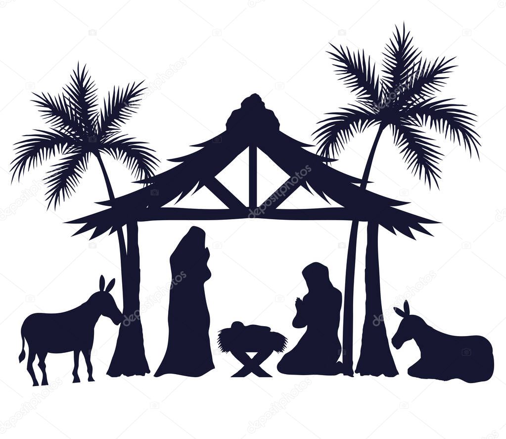 merry christmas and nativity set icons silhouettes vector design