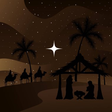 Doğum Meryem Joseph bebeği ve kahverengi arkaplan vektör tasarımındaki bilge adamlar.